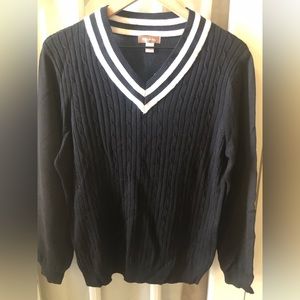 White Stag V neck tennis sweater in black with white stripes on collar